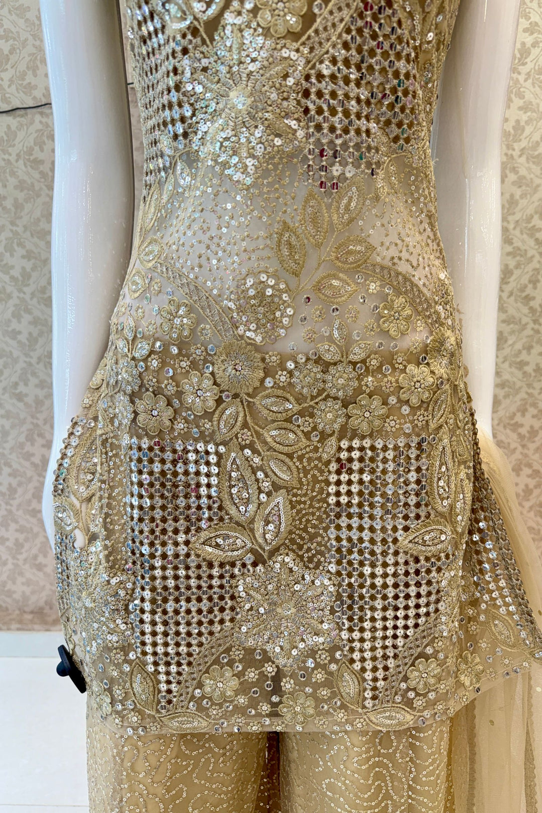 Gold Halter Neck Palazzo Salwar Suit with Sequins, Zari and Embroidery Detailing
