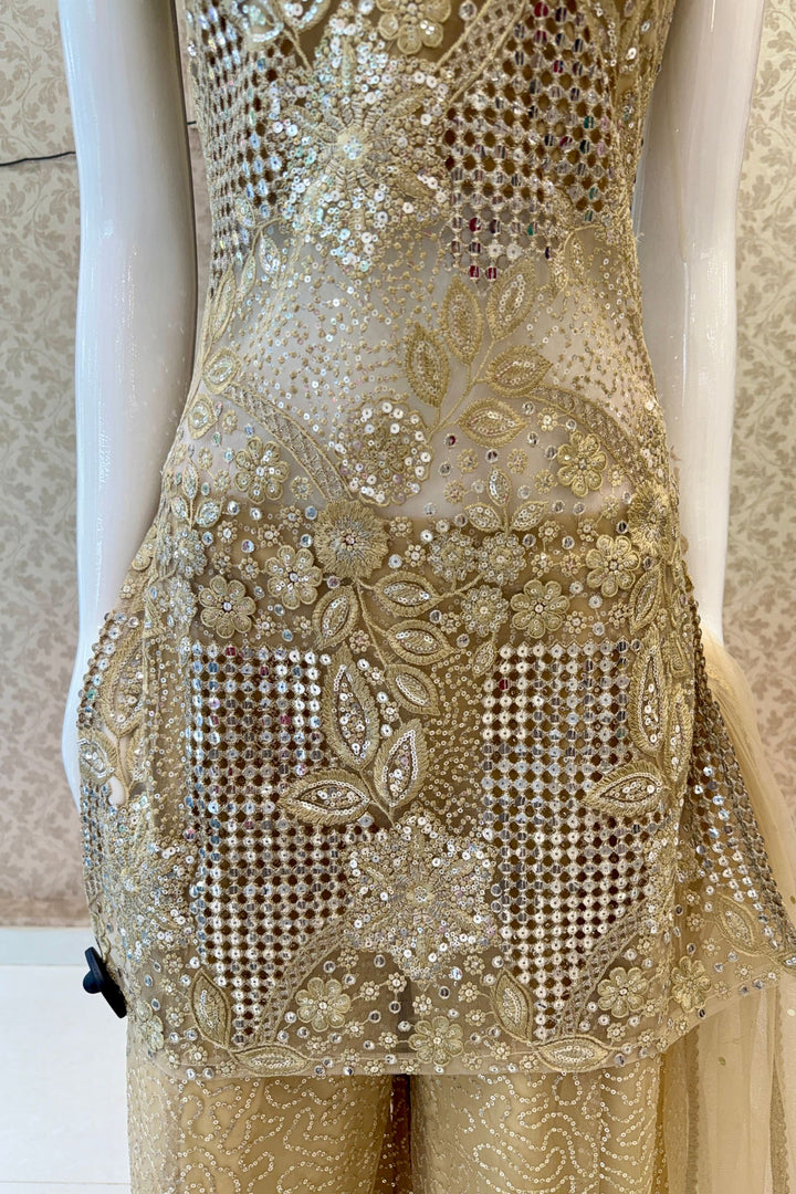 Gold Halter Neck Palazzo Salwar Suit with Sequins, Zari and Embroidery Detailing