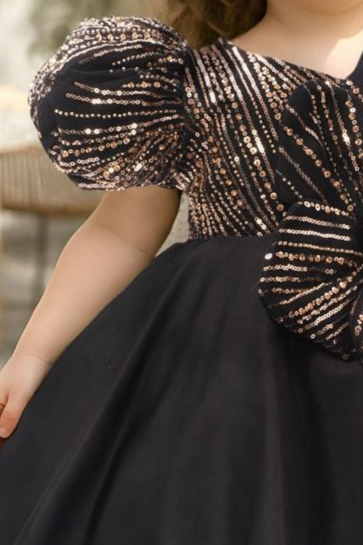 Black Sequins and Beads work Short Partywear Frock for Girls