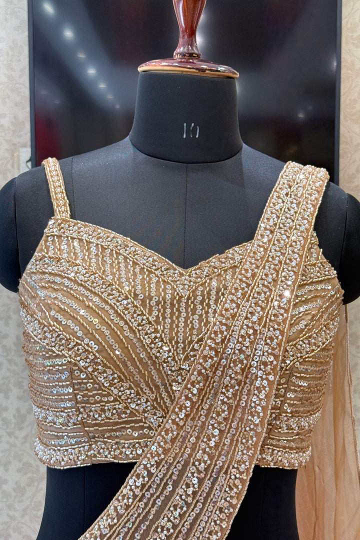 Champagne Gold Beads and Sequins work Draped Half Saree Lehenga Set