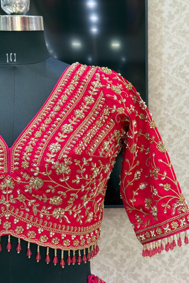 Rani Pink Beads, Zari, Zardozi and Sequins work Crop Top Designer Bridal Lehenga with Belt