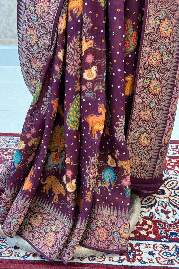 Wine Banaras and Traditional Woven Animal Motifs work with Bandhani Print Saree