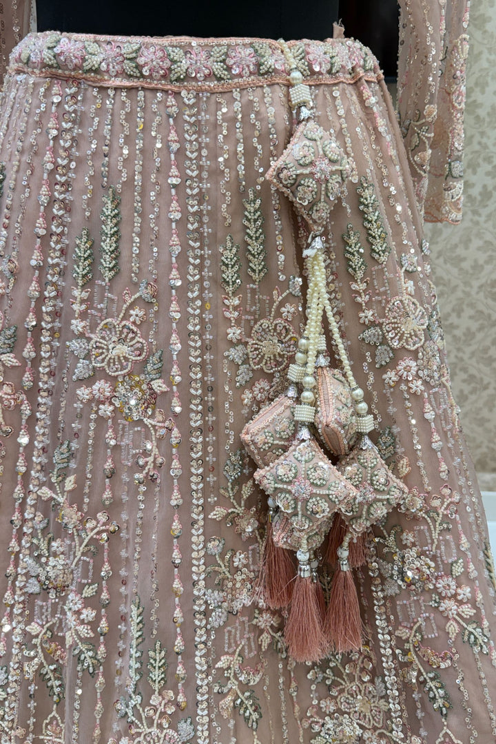 Baby Pink Sequins, Beads and Zari Thread work Crop Top Designer Bridal Lehenga