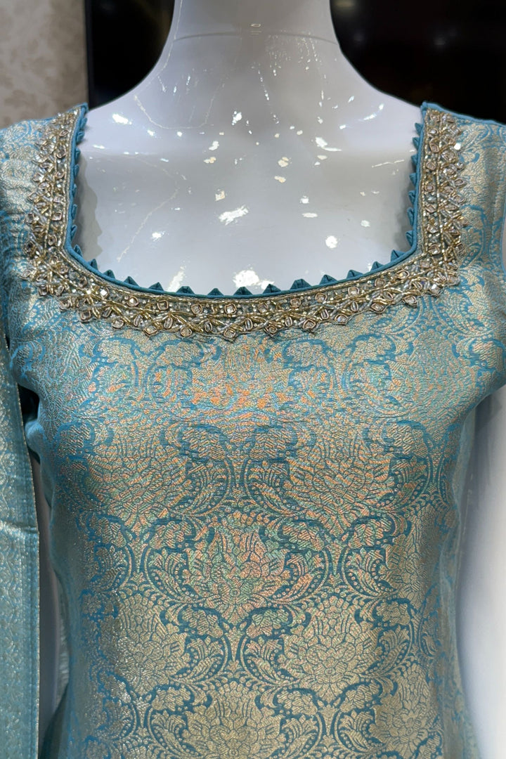 Sea Blue Beads, Mirror, Stone, Banaras and Brocade work Straight Cut Salwar Suit