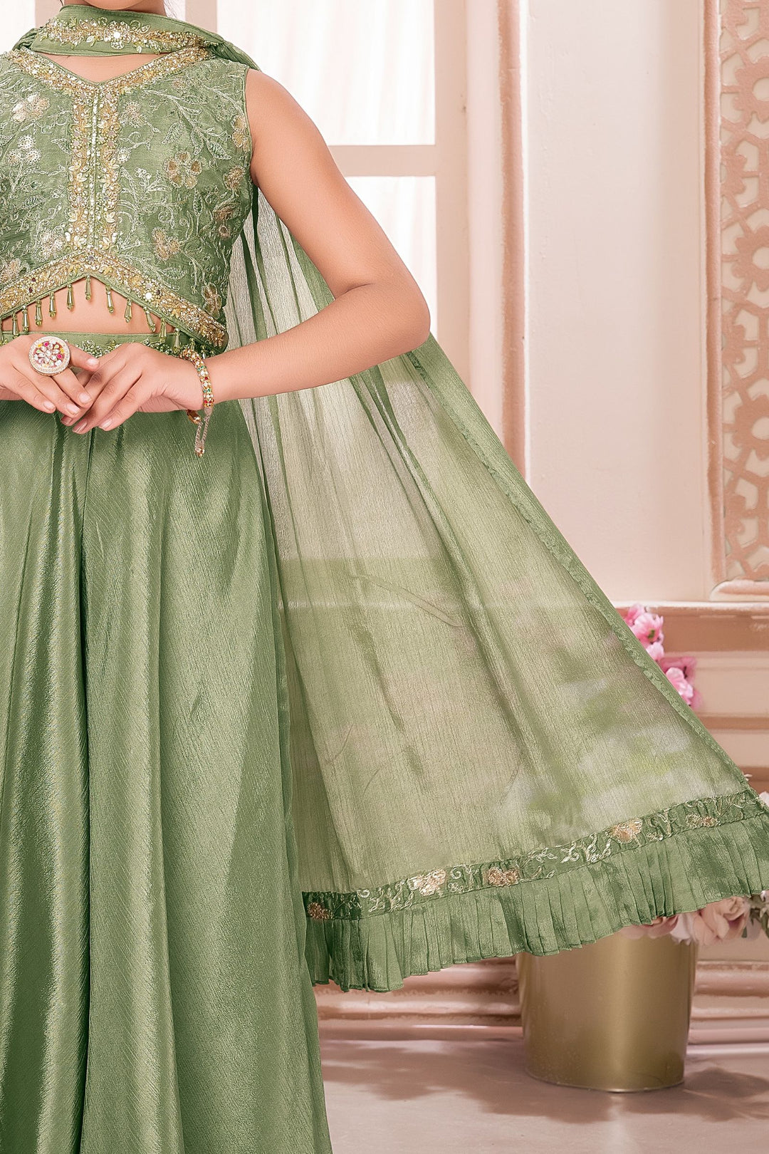 Light Olive Green Beads, Zari, Sequins, Mirror and Stone work Choli and Palazzo Set for Girls