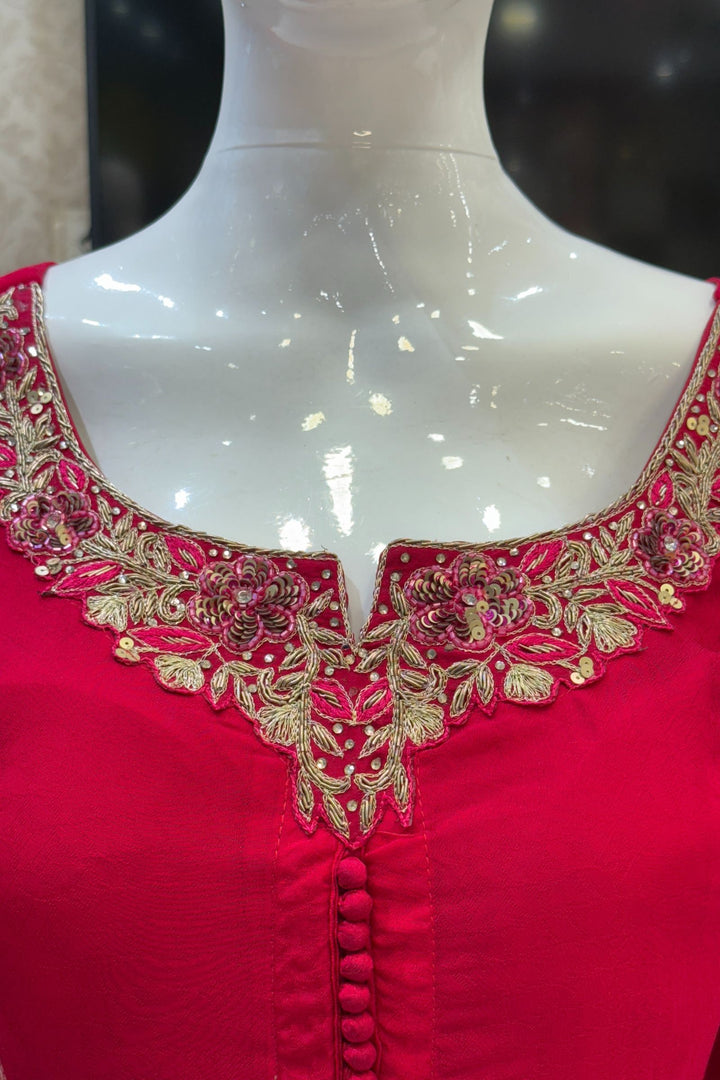 Rani Pink Banaras, Stone, Zardozi, SEquins, Beads and Zari work Straight Cut Salwar Suit