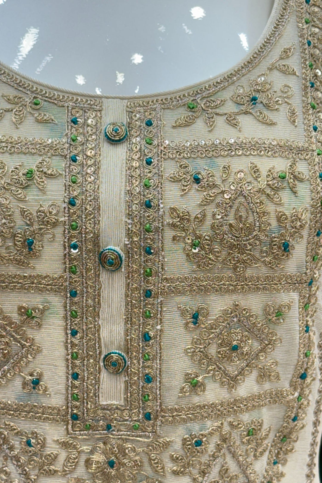 Beige Zari, Sequins and Thread work with Leheriya Print Palazzo Salwar Suit