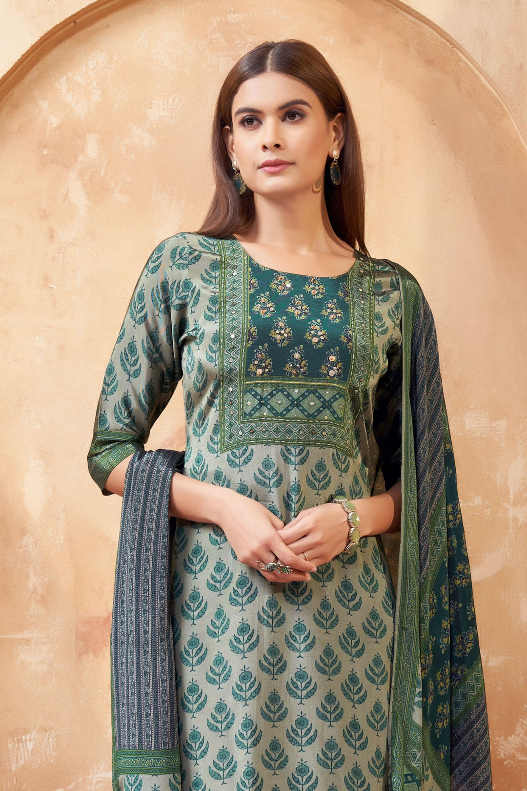 Green with Digital Print Straight Cut Salwar Suit