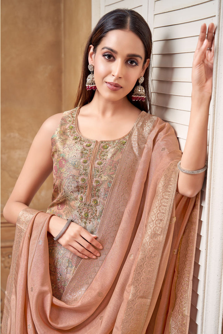 Light Peach Banaras, Zardozi, Sequins, Thread, Stone and Zari work Straight Cut Salwar Suit