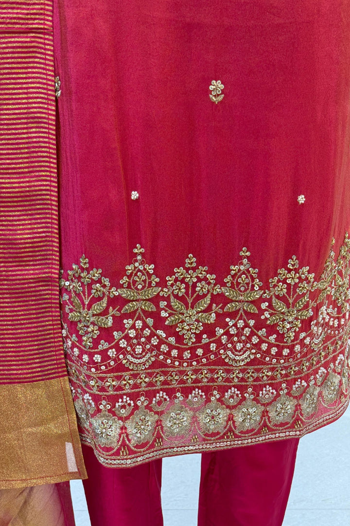 Rani Pink Beads, Zari, Stone and Sequins work Straight Cut Salwar Suit