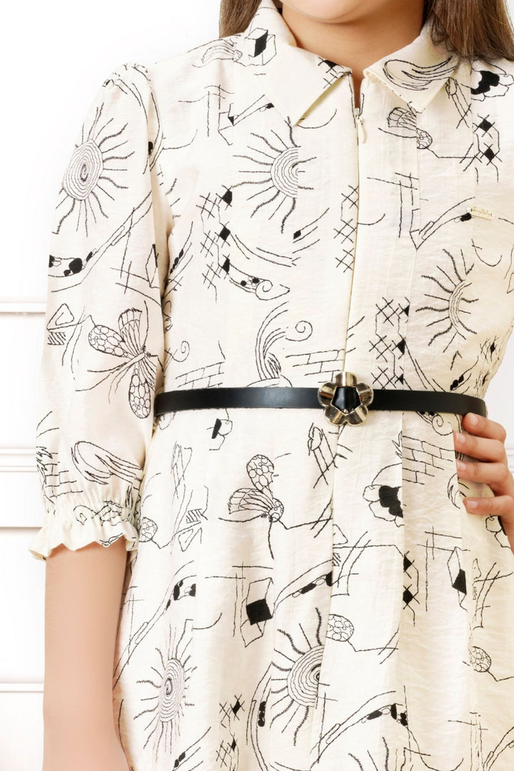 Cream with Digital Print Short Frock for Girls