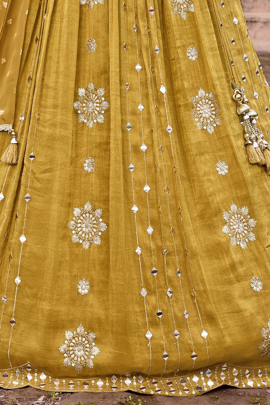 Olive Green Mirror, Zardozi, Zari, Beads and Sequins work Lehenga Choli for Girls