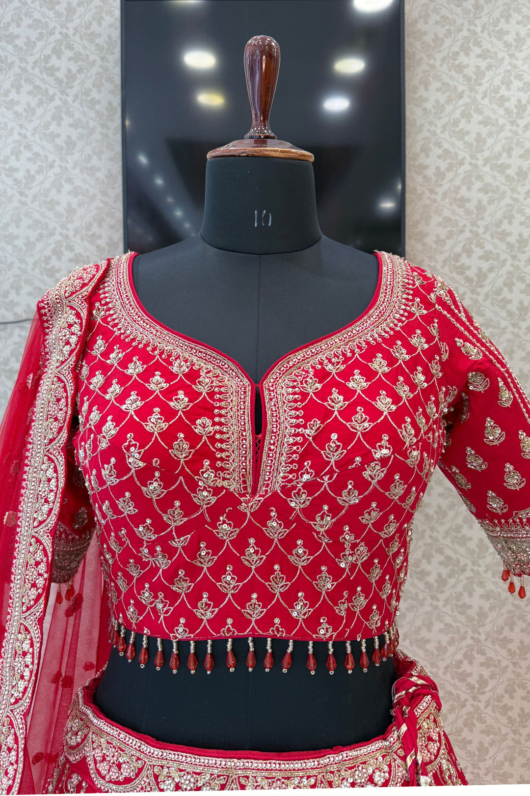 Red Zardozi, Sequins, Beads, Pearl, Thread and Zari work Crop Top Designer Bridal Lehenga