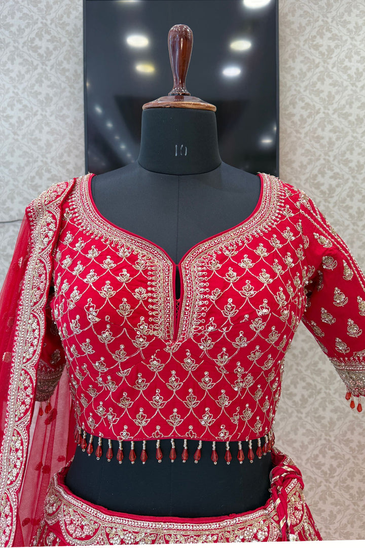 Red Zardozi, Sequins, Beads, Pearl, Thread and Zari work Crop Top Designer Bridal Lehenga