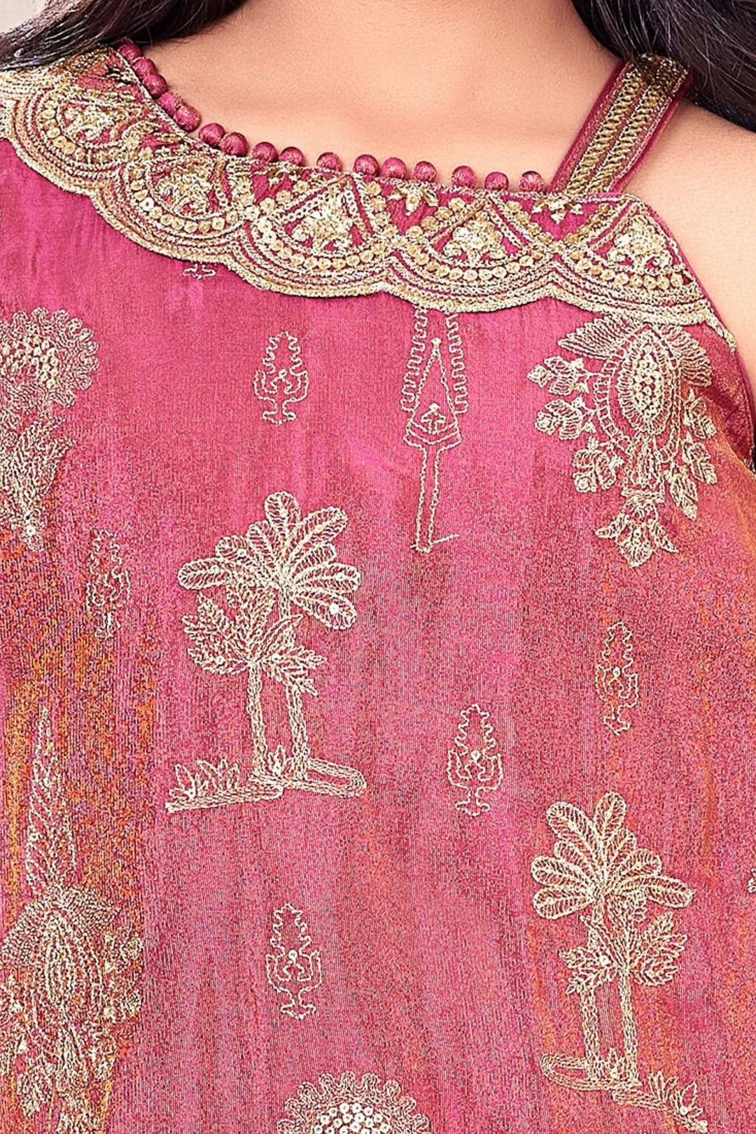 Rose Pink Sequins and Zari work Poncho Palazzo Set for Girls