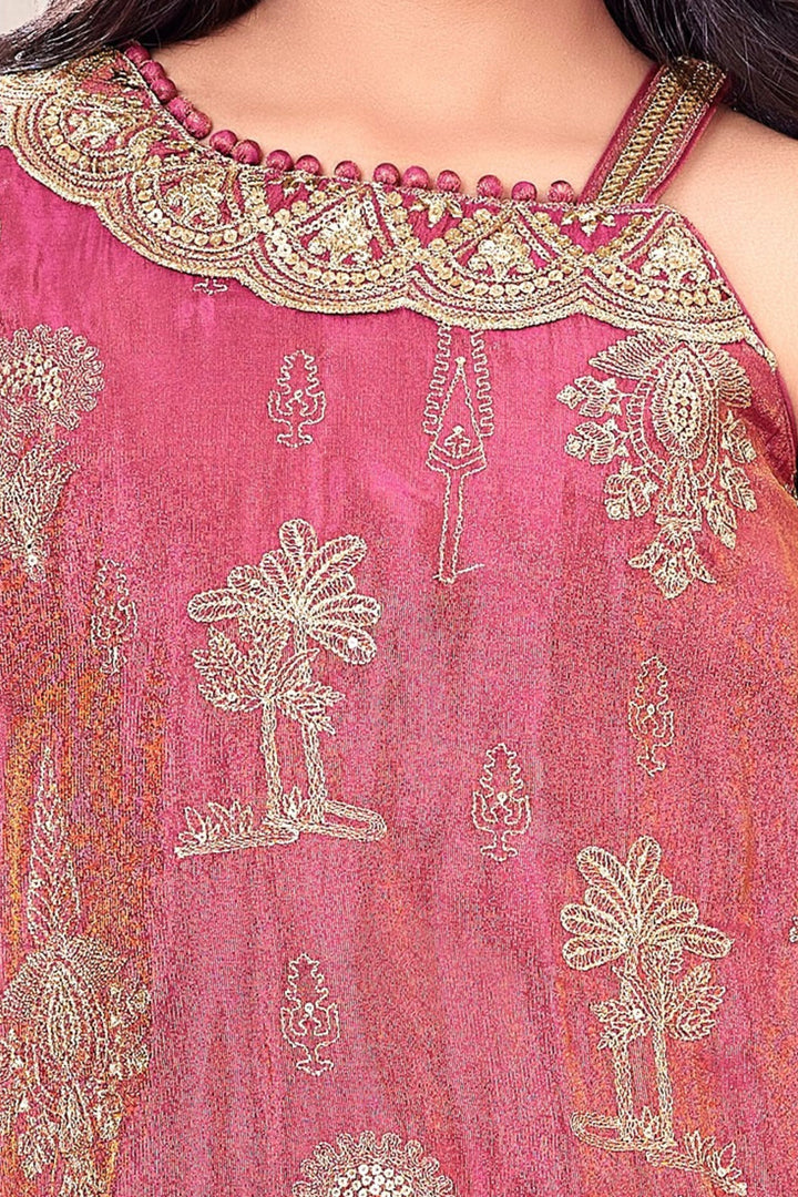 Rose Pink Sequins and Zari work Poncho Palazzo Set for Girls