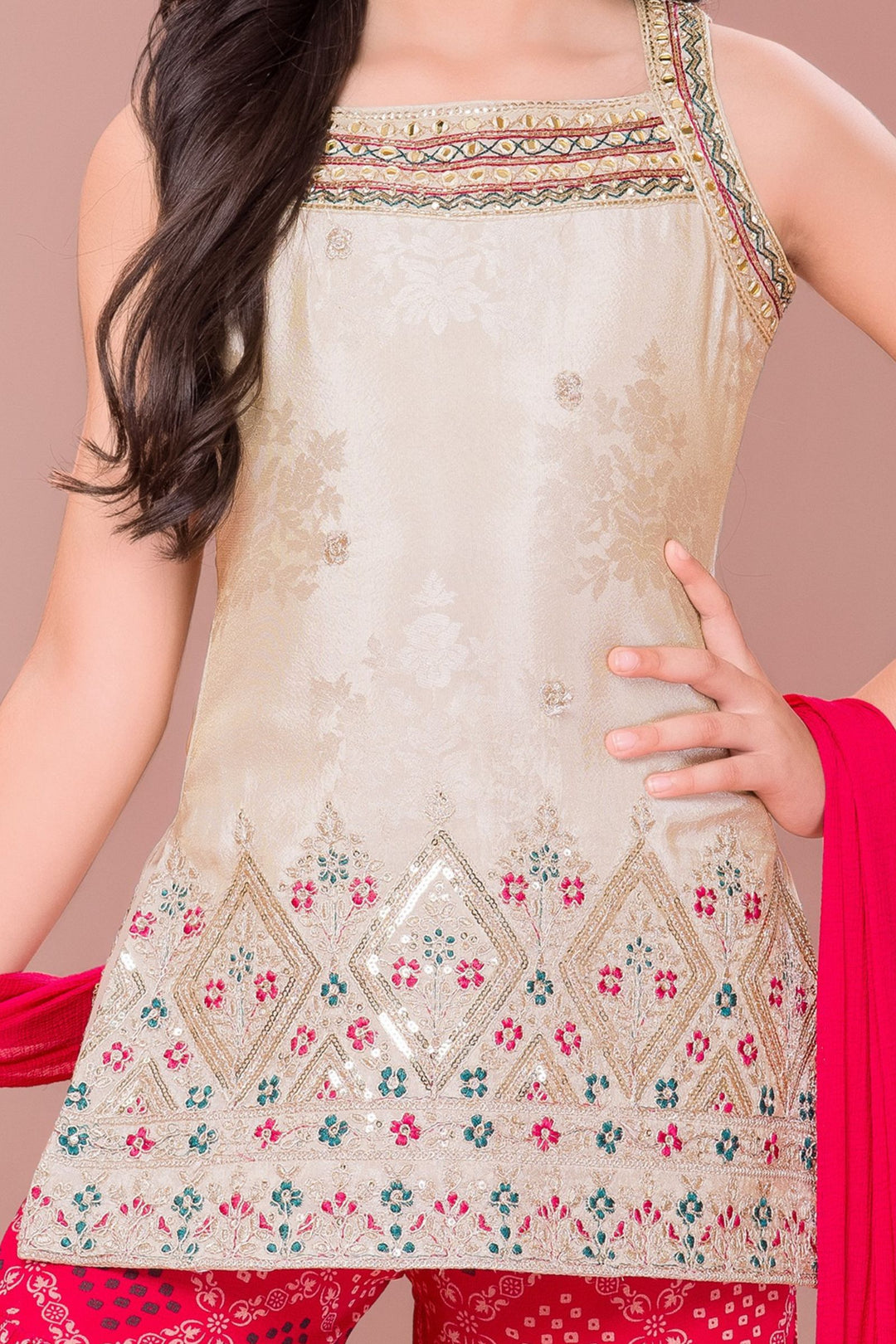 Cream with Pink Mirror, Zari and Thread work with Digital Print Sharara Suit Set for Girls