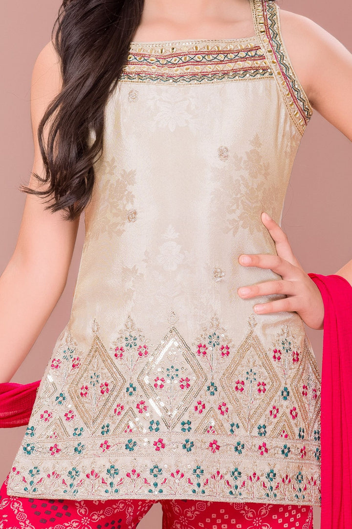 Cream with Pink Mirror, Zari and Thread work with Digital Print Sharara Suit Set for Girls