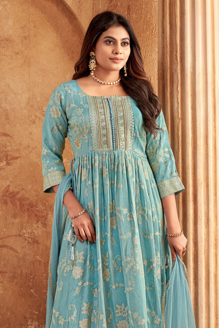 Sea Blue Banaras, Beads, Sequins and Mirror work Salwar Suit with Straight Pants