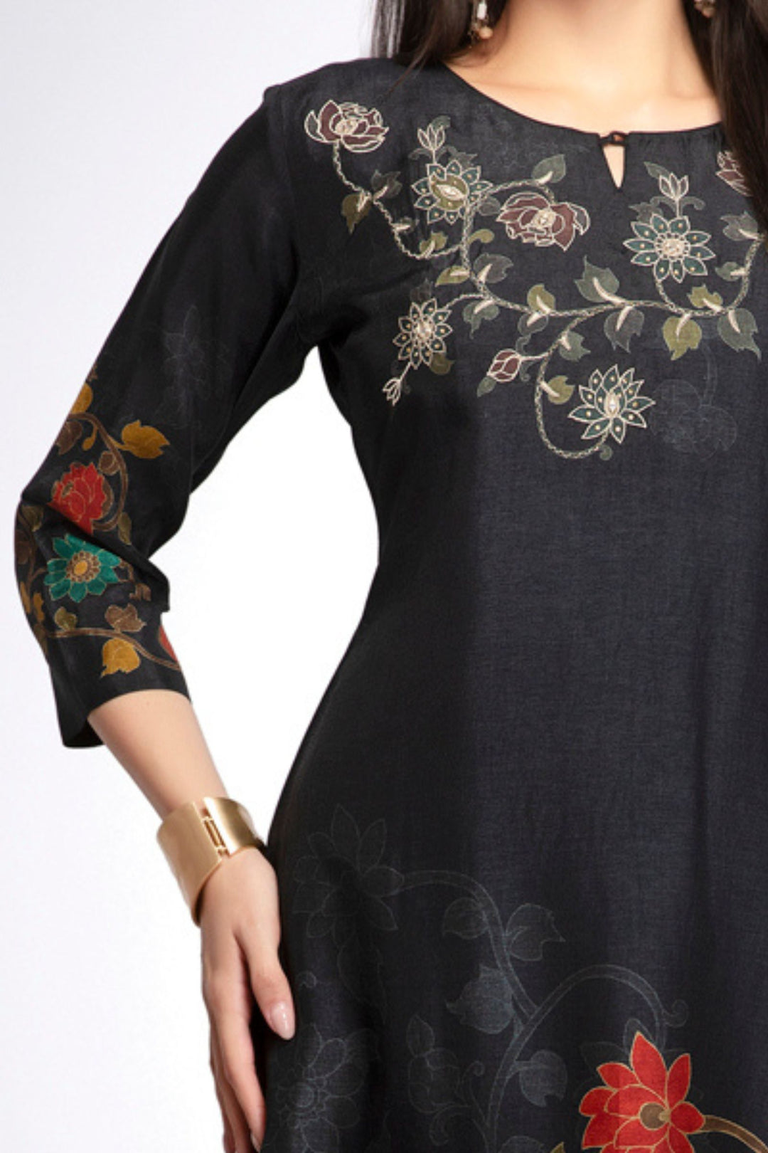 Black Embroidery, Stone and Mirror work with Floral Print Calf Length Kurti