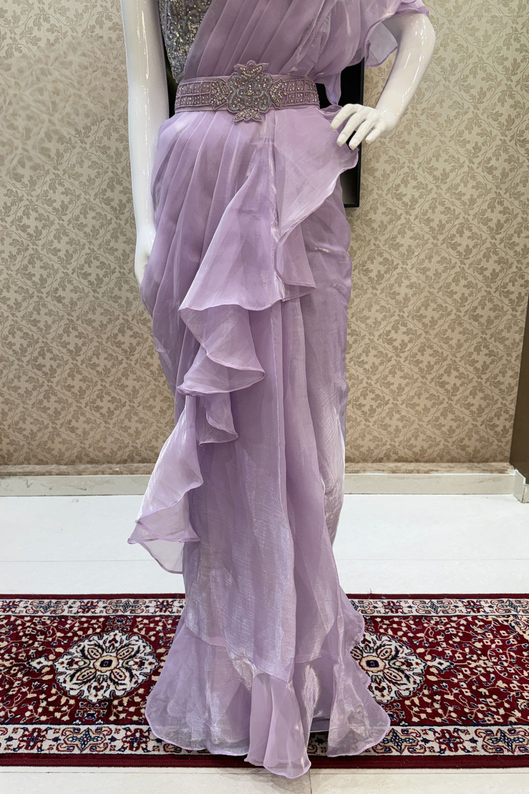 Lavender Readymade Saree with Beads and Stone work Readymade Blouse