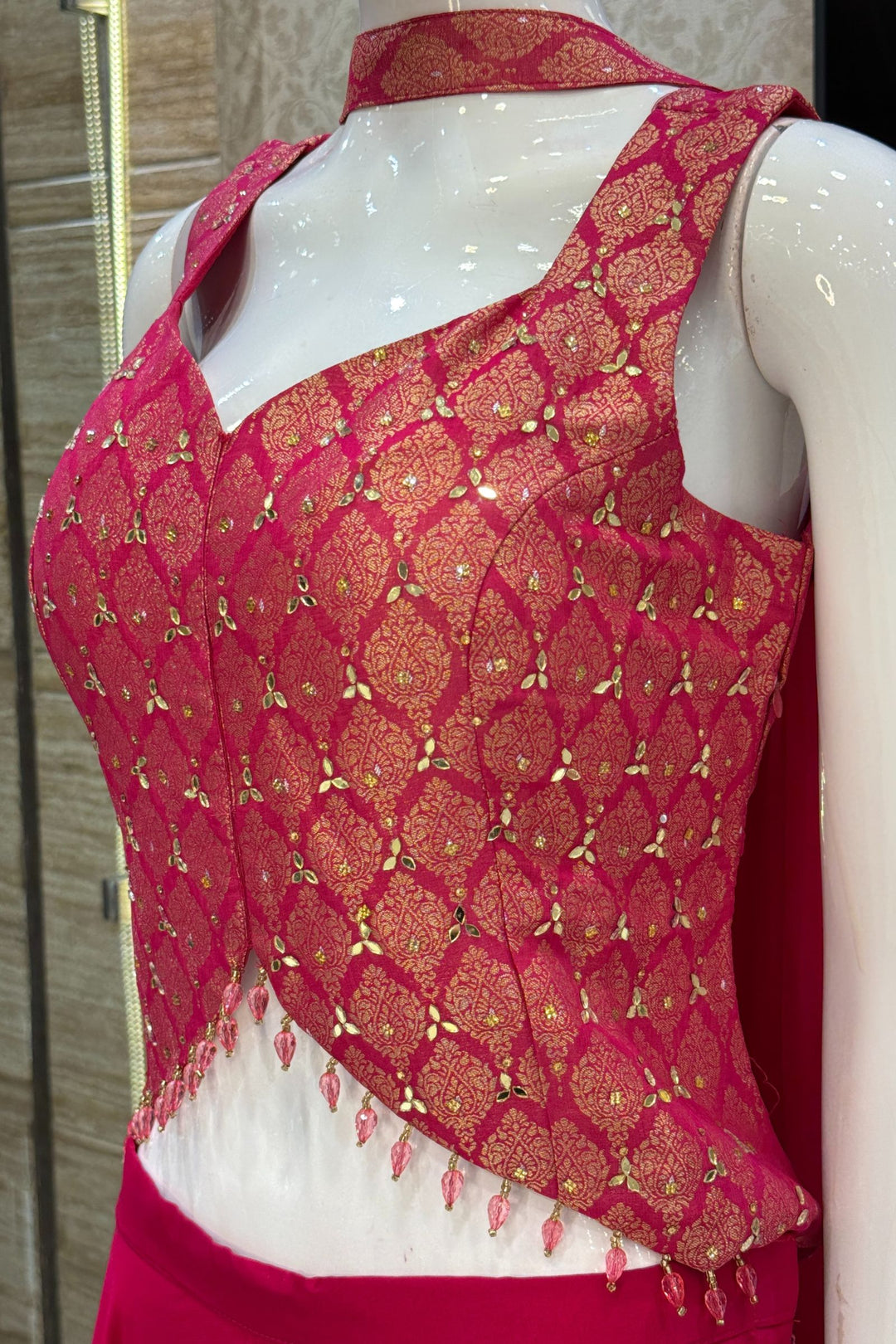 Rani Pink Mirror, Stone and Banaras work Palazzo Suit Set