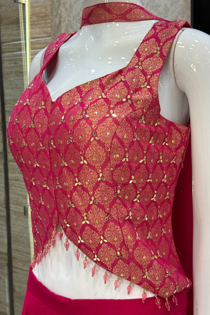 Rani Pink Mirror, Stone and Banaras work Palazzo Suit Set