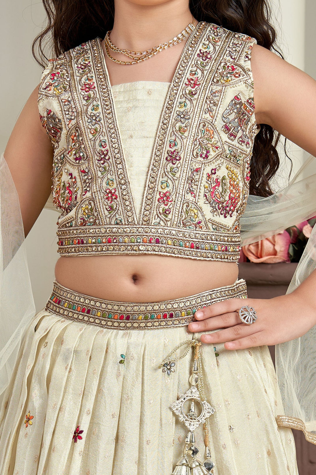 Cream Multicolor Thread, Stone, Zari and Sequins work Lehenga Choli for Girls