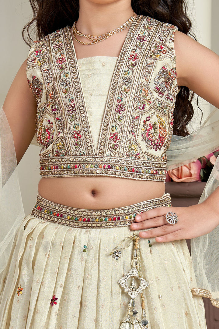 Cream Multicolor Thread, Stone, Zari and Sequins work Lehenga Choli for Girls