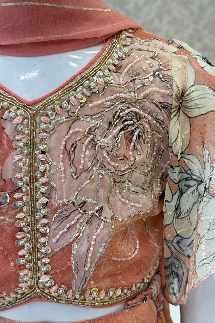Peach Beads, Thread and Zardozi work with Floral Print Lehenga Choli for Girls