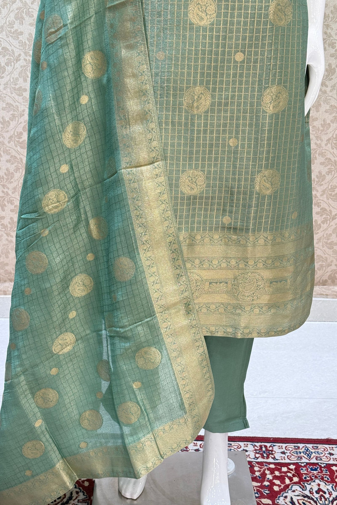 Sea Green Banaras, Beads, Pearl, Zardozi, Thread and Mirror work Straight Cut Salwar Suit