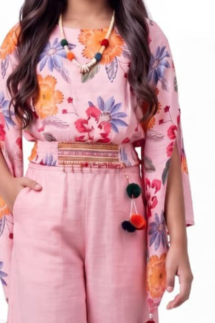 Pink Beads work with Floral Print Palazzo Set for Girls