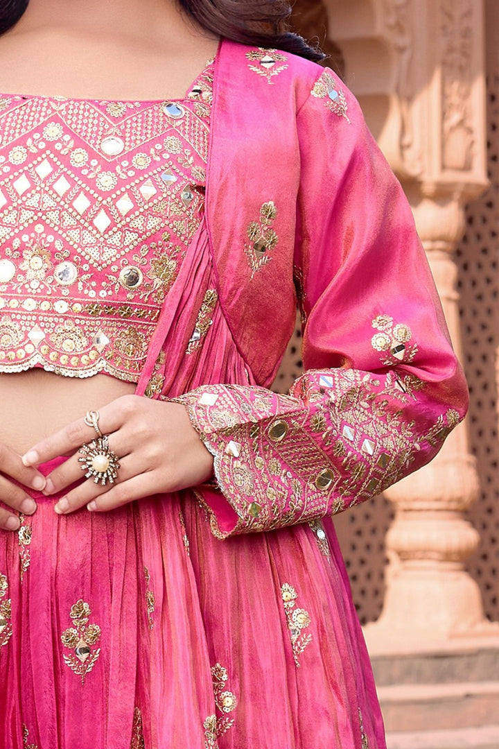 Lotus Pink Sequins and Zari work Overcoat Styled Palazzo Set For Girls