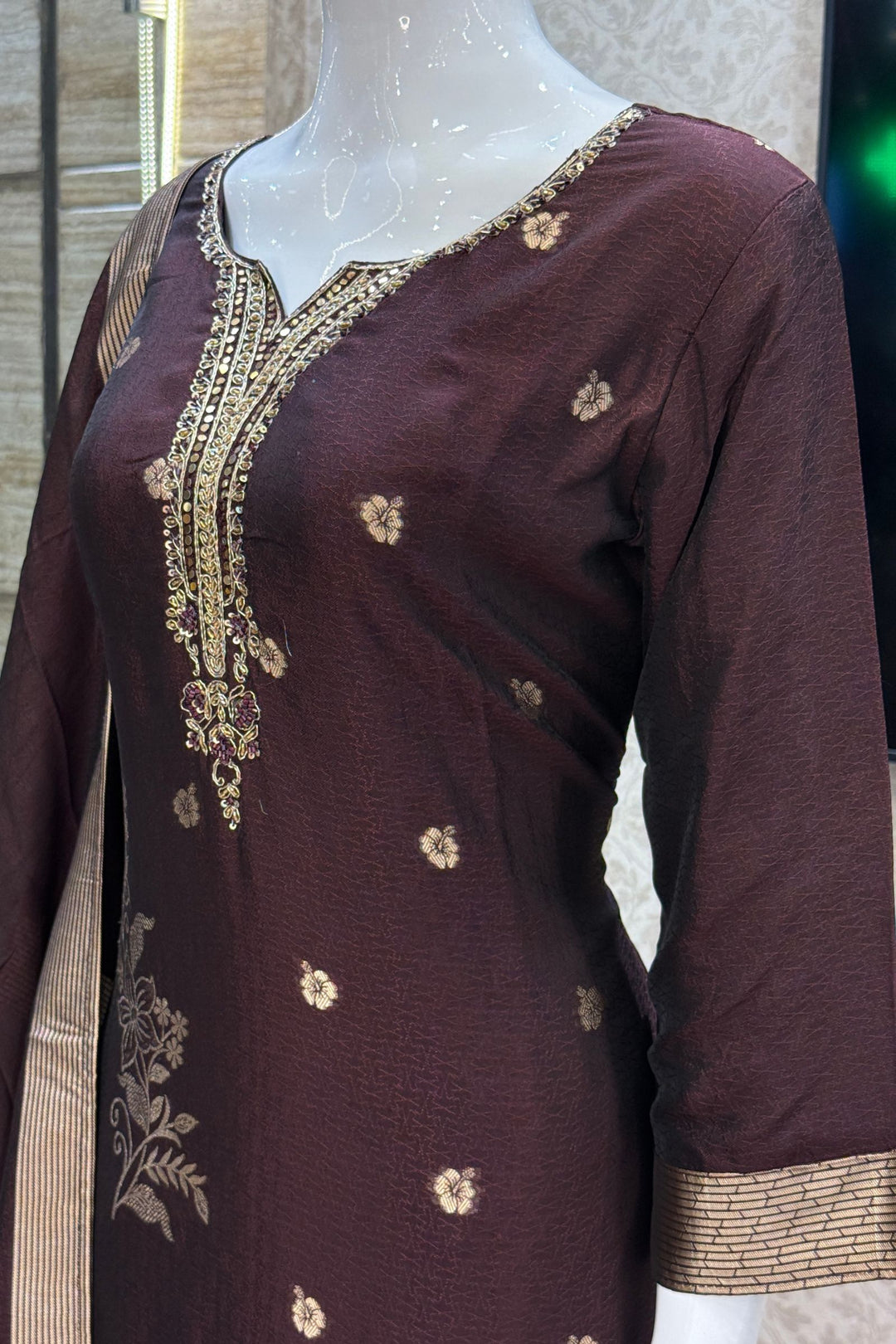 Brown Zardozi, Sequins, Beads and Banaras work Straight Cut Salwar Suit