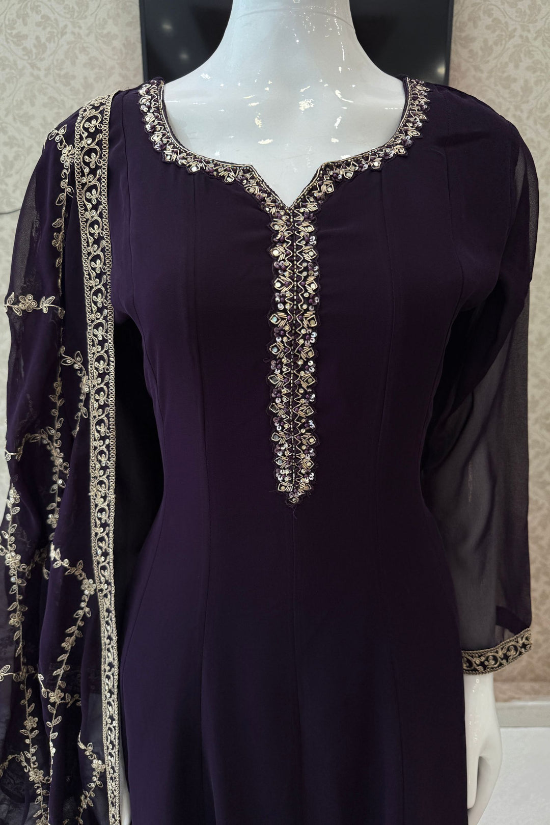 Dark Wine Stone, Sequins, Zardozi and Beads work Aline Cut Salwar Suit