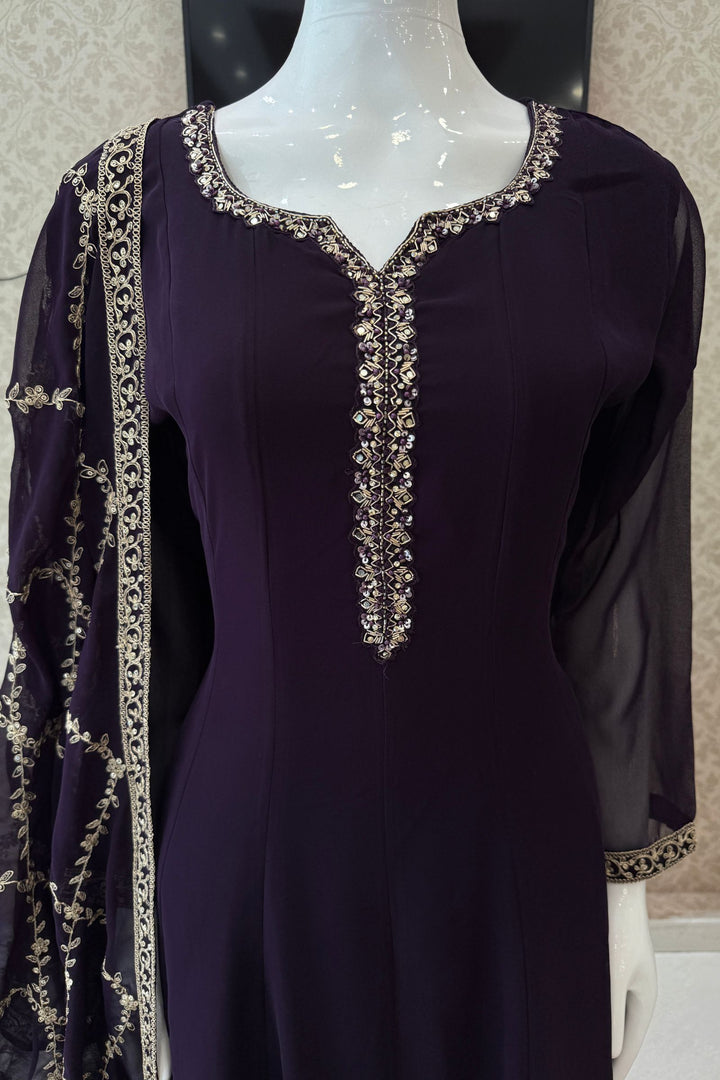Dark Wine Stone, Sequins, Zardozi and Beads work Aline Cut Salwar Suit