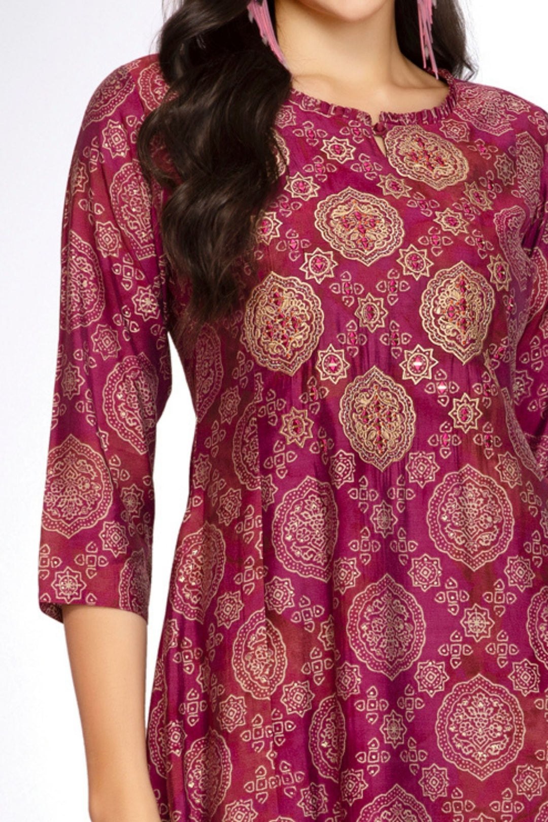Purple Mirror and Thread work with Digital Print A-Line Cut Calf Length Kurti