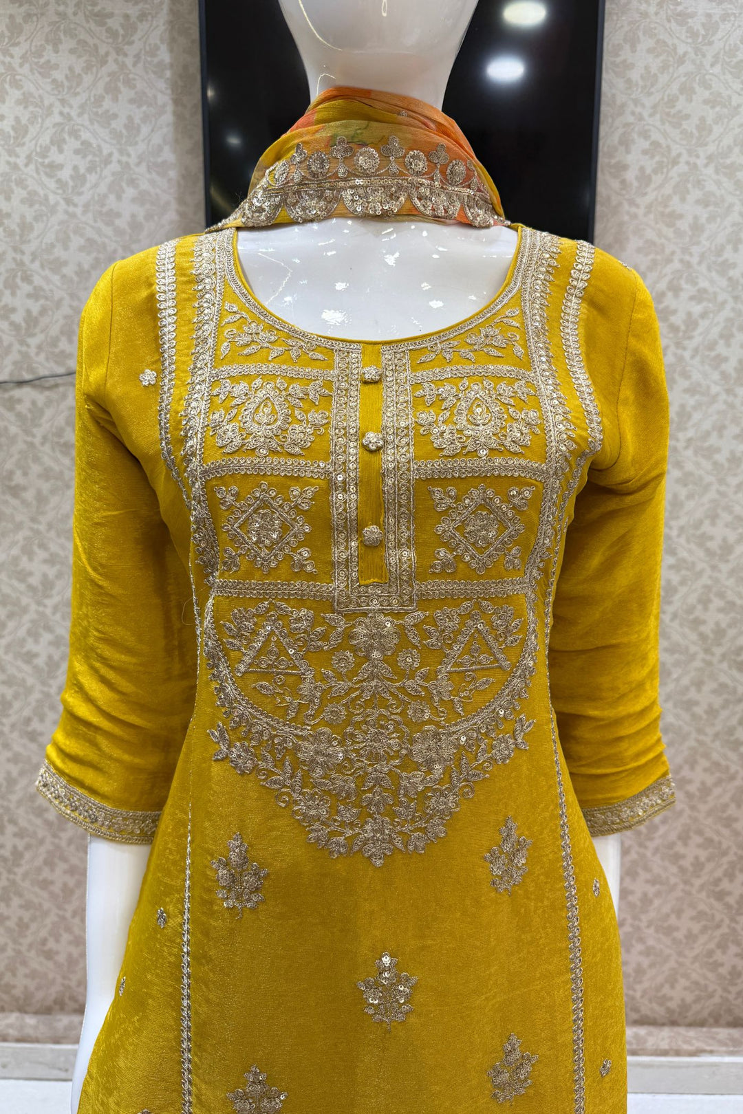Yellow Zari and Sequins work with Digital Print Palazzo Salwar Suit