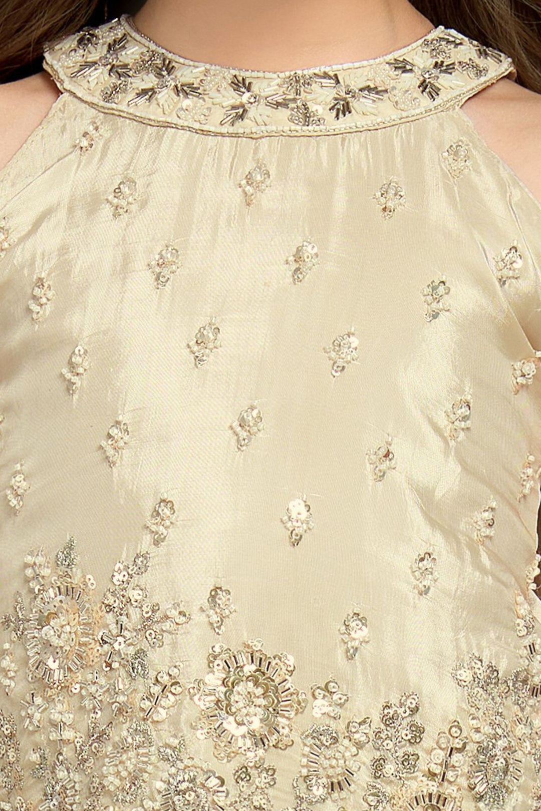 Cream Beads, Sequins and Zari work Palazzo Suit Set for Girls