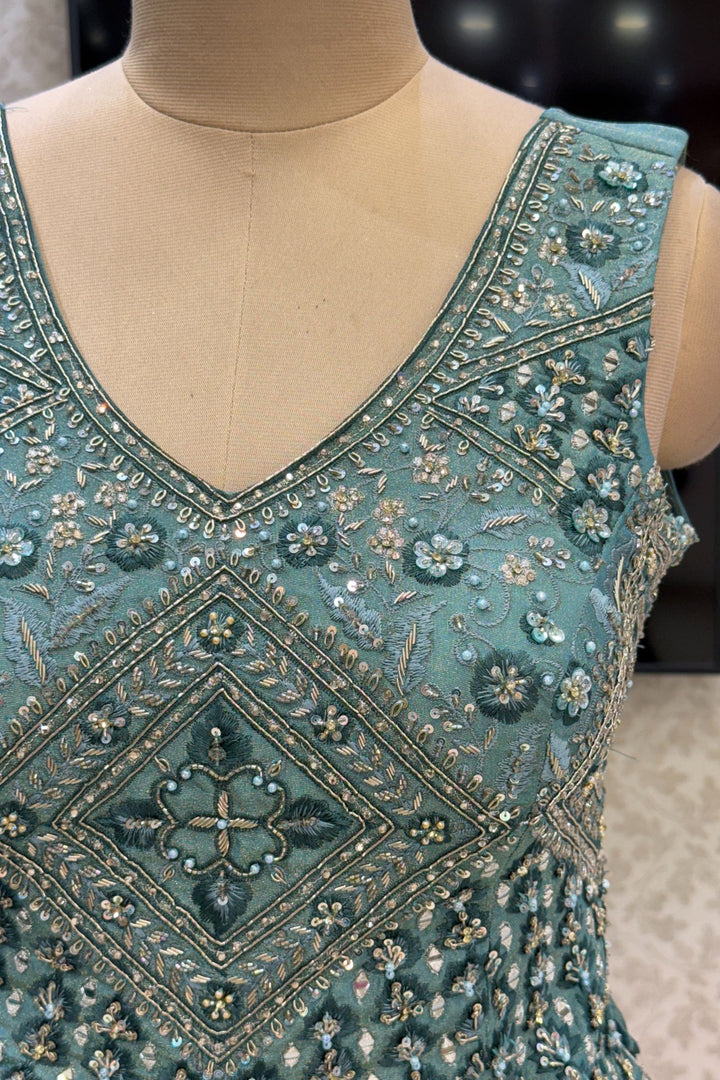 Teal Green Mirror, Zardozi, Sequins, Beads, Stone and Banaras work Peplum Style Lehenga