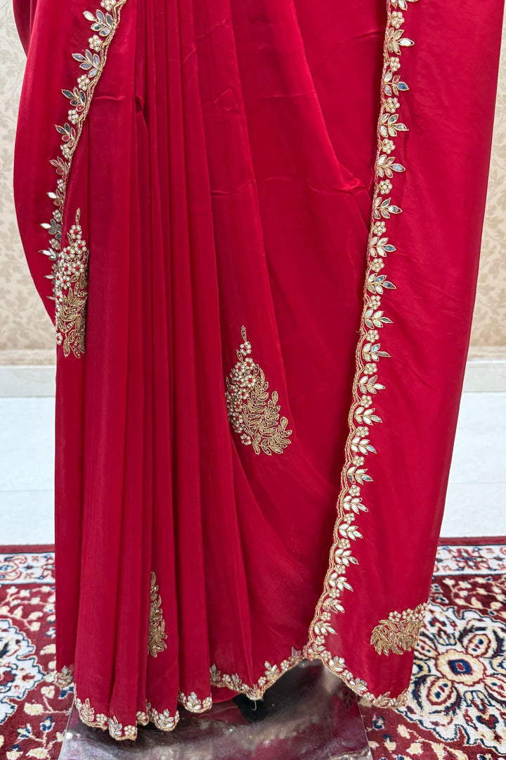 Red Mirror, Pearl, Zardozi, Stone and Beads work Saree