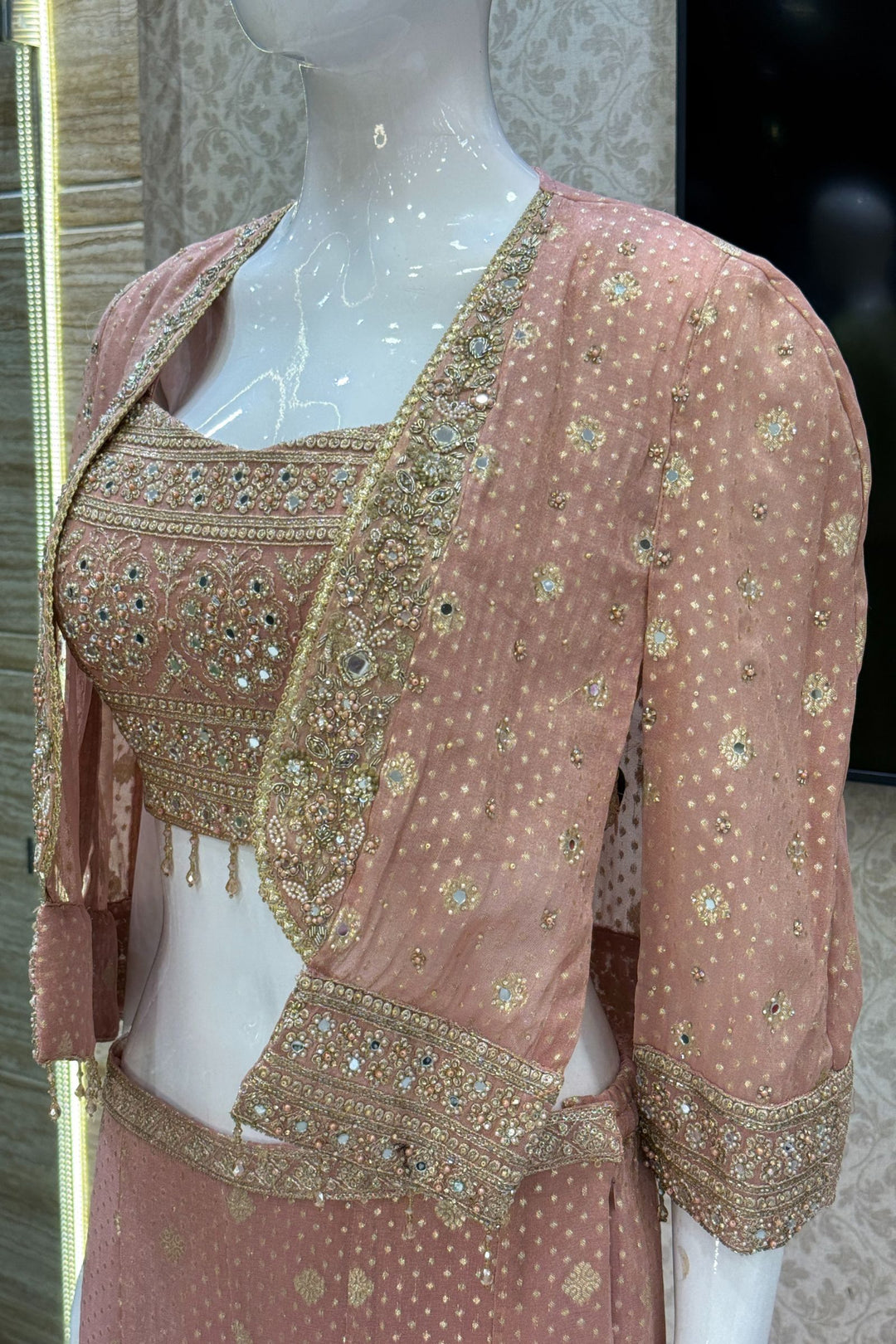 Peach Stone, Zari and Sequins work Crop Top with Overcoat Styled Palazzo Suit Set