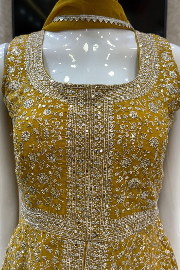 Mustard Silver Zari and Sequins work Peplum Top with Palazzo Suit Set