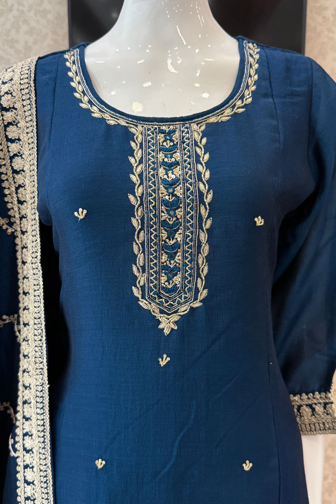 Peacock Blue Zardozi, Beads, Sequins, Thread and Zari work Aline Cut Salwar Suit