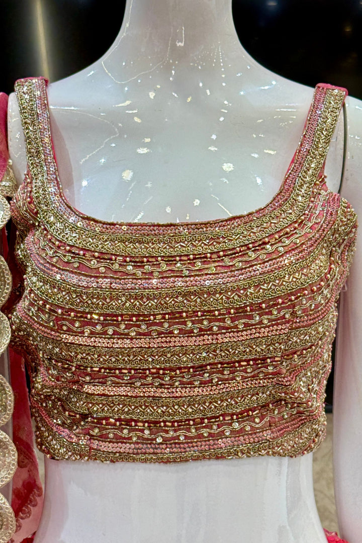 Pink Brocade, Beads, Sequins, Zardozi, Zari and Stone work with Multicolor Lehenga Set