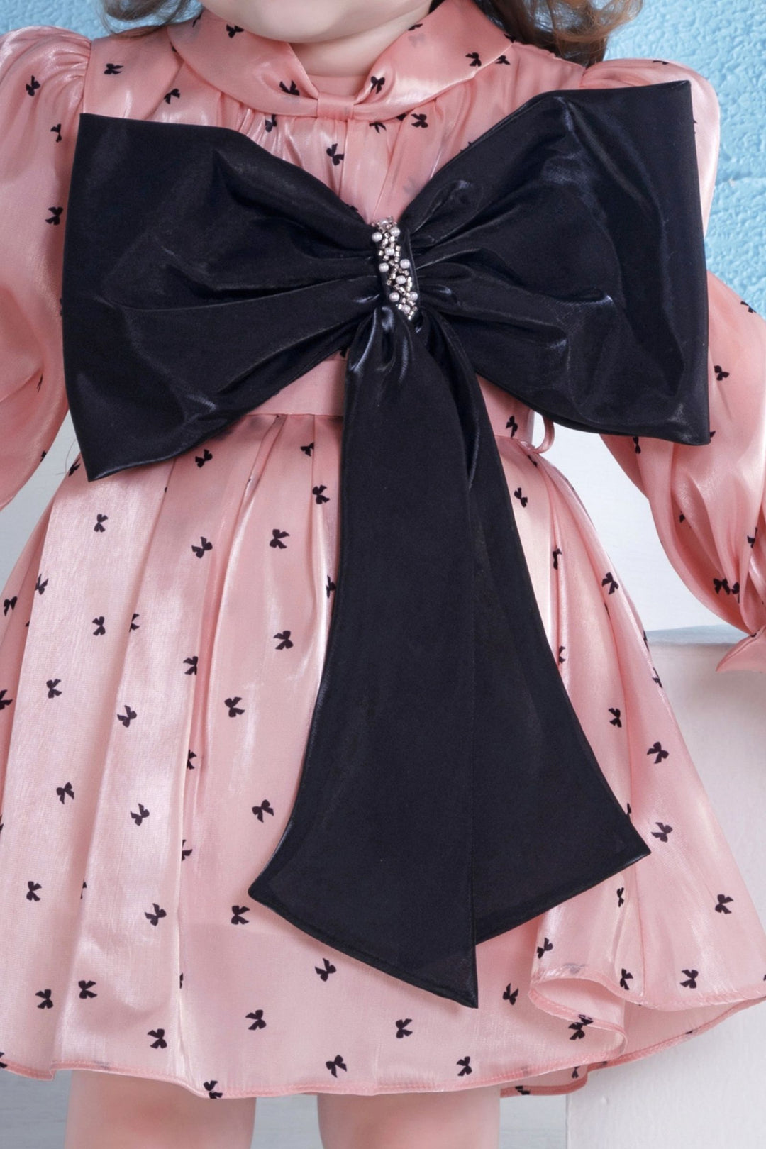 Peach with Black Printed Partywear Short Frock for Girls