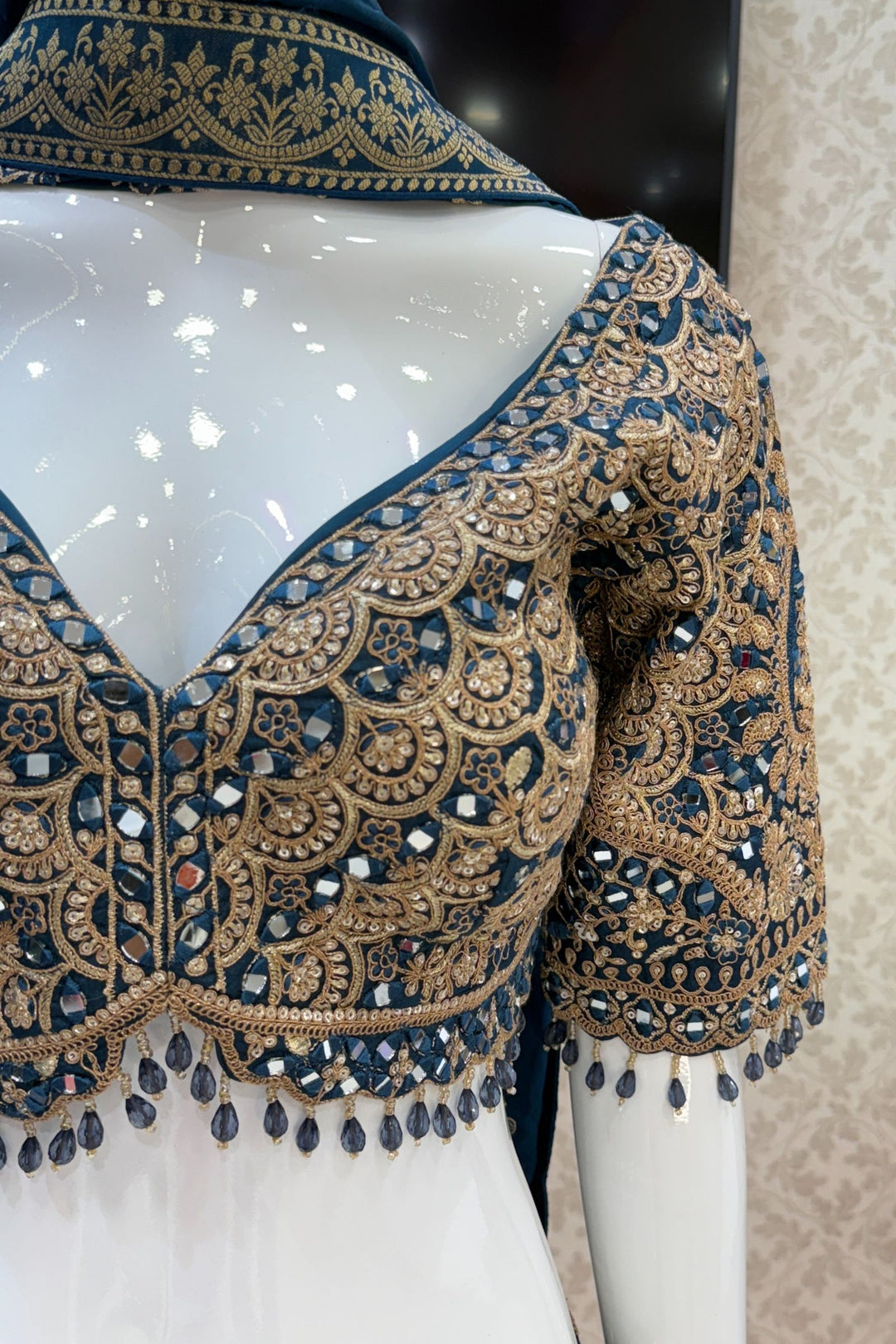 Peacock Blue Mirror, Beads, Zari, Sequins and Banaras work Crop Top Bridal Lehenga
