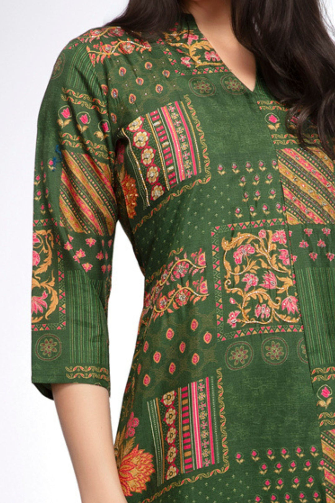 Green Beads, Stone and Sequins work with Multicolor Digital Print A-line Cut Calf Length Kurti