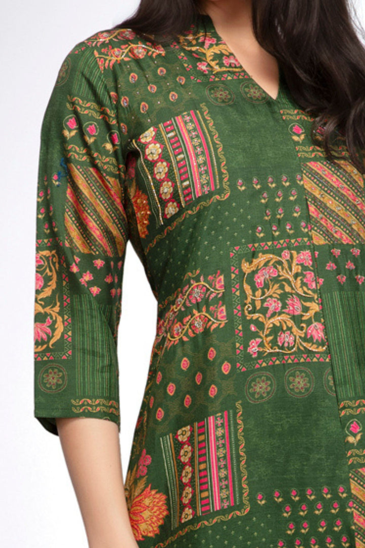 Green Beads, Stone and Sequins work with Multicolor Digital Print A-line Cut Calf Length Kurti