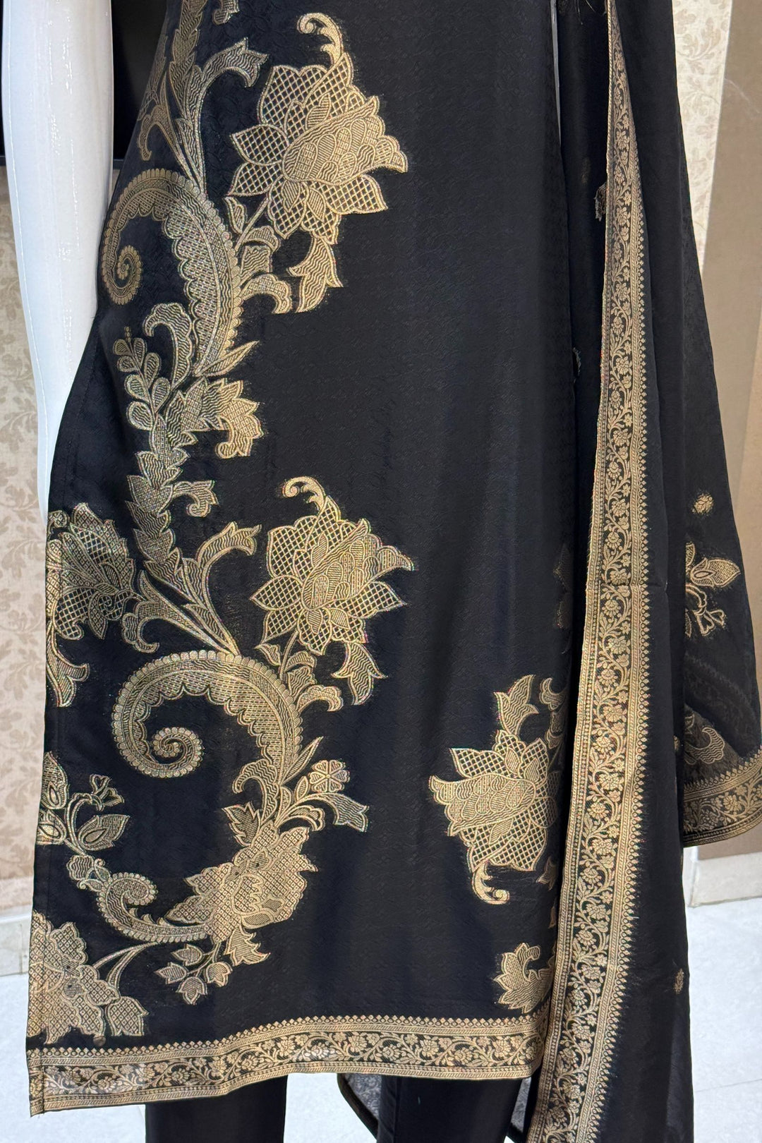 Black Banaras, Stone, Zardozi, Beads and Zari work Straight Cut Salwar Suit
